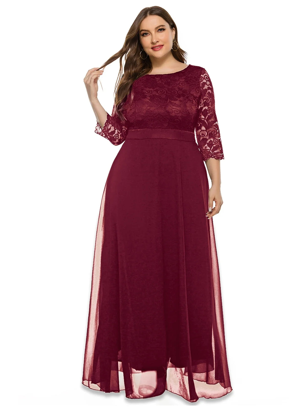 Merlot Romance Lace Sleeve Tulle Maxi Gown