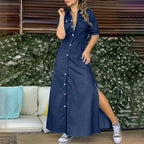 Curve Button-Front Denim Maxi Dress