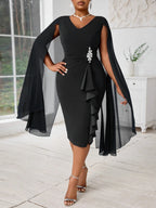 Chiffon Cape Sleeve Ruffle Midi Dress