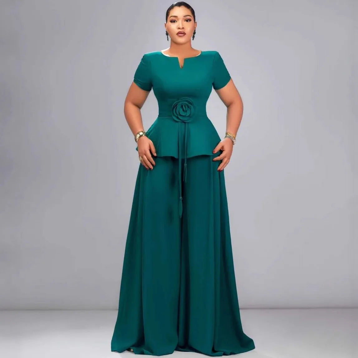 Emerald Bloom Wide-Leg Pantsuit