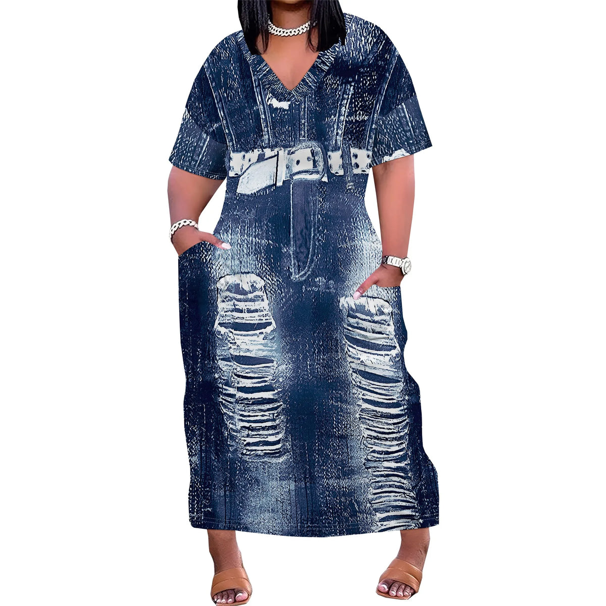 Curve Distressed Denim Maxi Dress