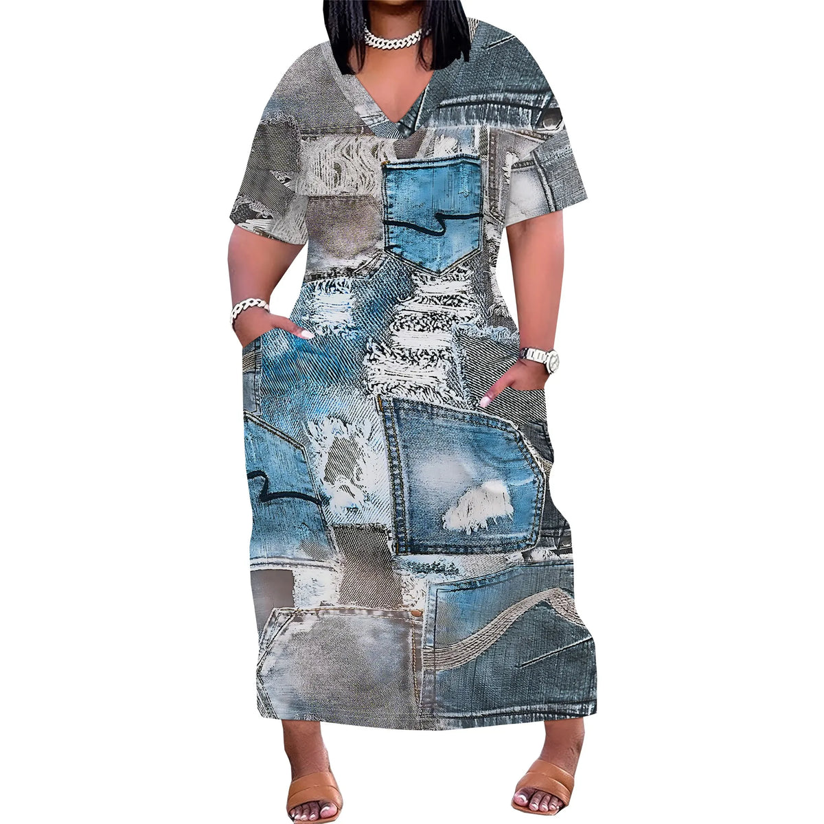 Curve Distressed Denim Maxi Dress