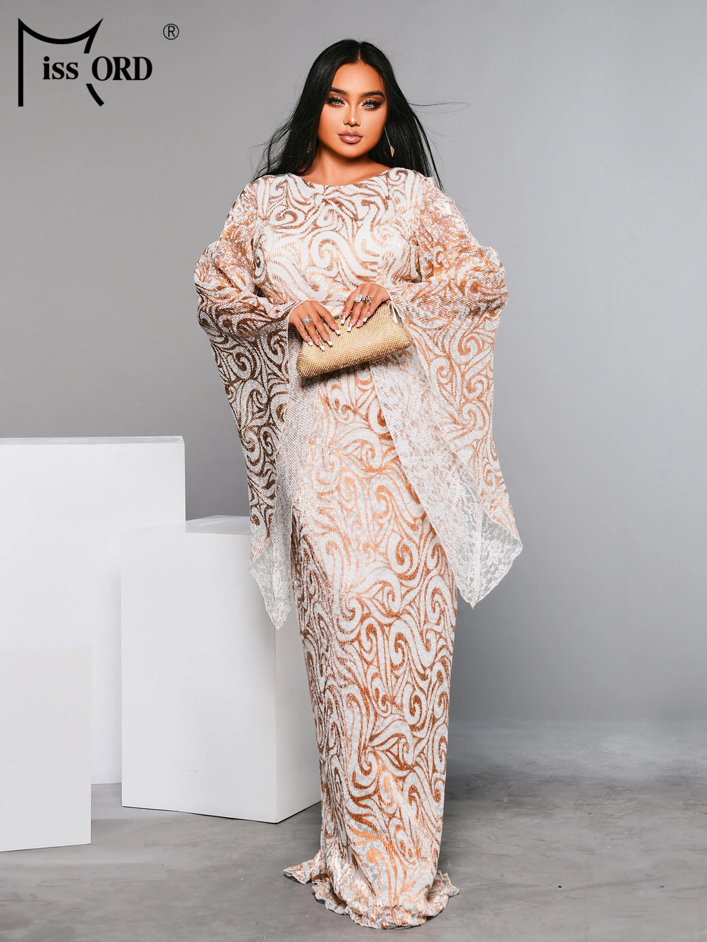 Flare Sleeve Geometric Sequin Formal Dress