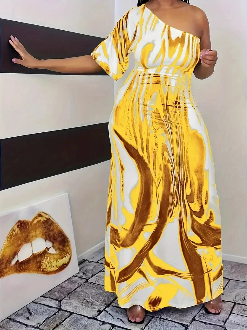 Milk white printed single sleeved maxi dress