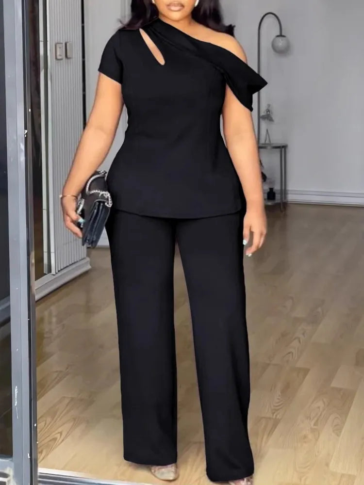 Drape One-Shoulder Pant Suit
