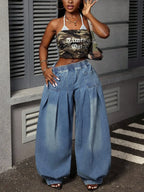 Wide Leg Denim Pleated Denim Jeans Pants