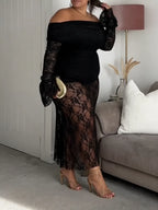 Off Shoulder Sheer Lace Midi Dress