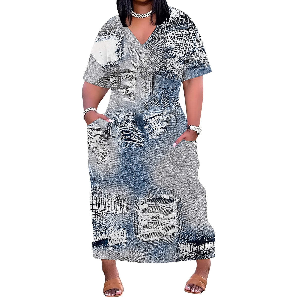 Curve Distressed Denim Maxi Dress