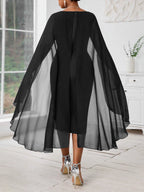 Chiffon Cape Sleeve Ruffle Midi Dress