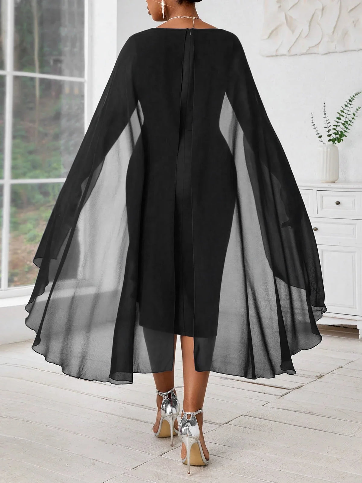 Chiffon Cape Sleeve Ruffle Midi Dress