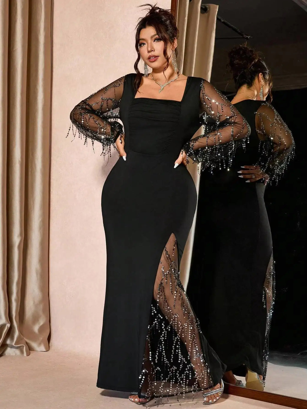 Sequin Tassel Mesh Slit Evening Gown