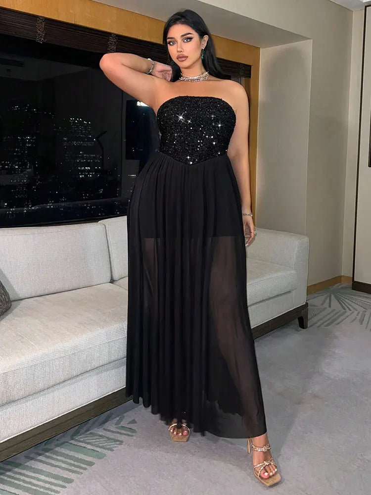 Starfall Strapless Sequin Overlay Maxi Dress