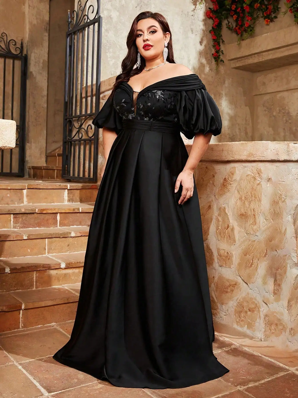 Elegant Evening Gown with Puff Sleeves