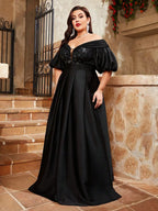 Elegant Evening Gown with Puff Sleeves
