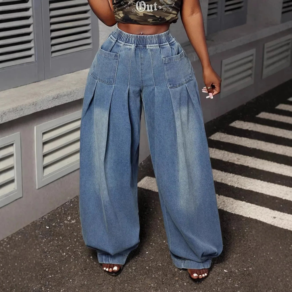 Wide Leg Denim Pleated Denim Jeans Pants