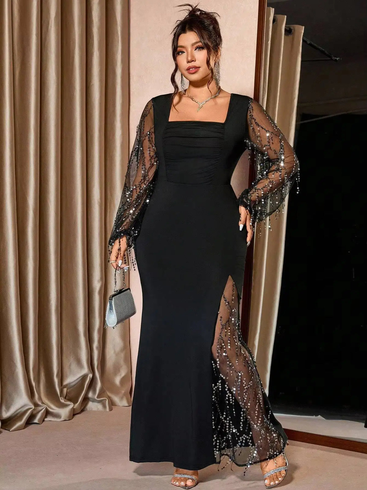 Sequin Tassel Mesh Slit Evening Gown
