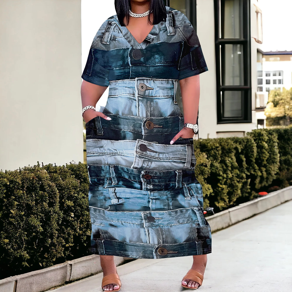 Curve Distressed Denim Maxi Dress