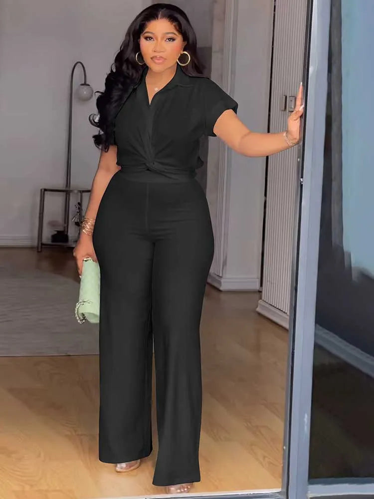Pearl Twist Collared Top and Wide-Leg Pant Suit
