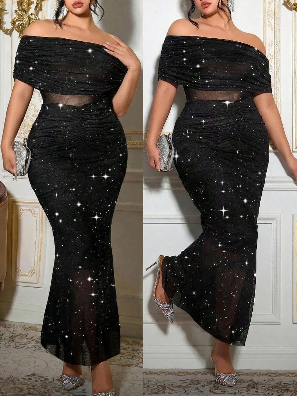 Off-Shoulder Glitter Gown Long Formal Dress