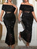 Off-Shoulder Glitter Gown Long Formal Dress