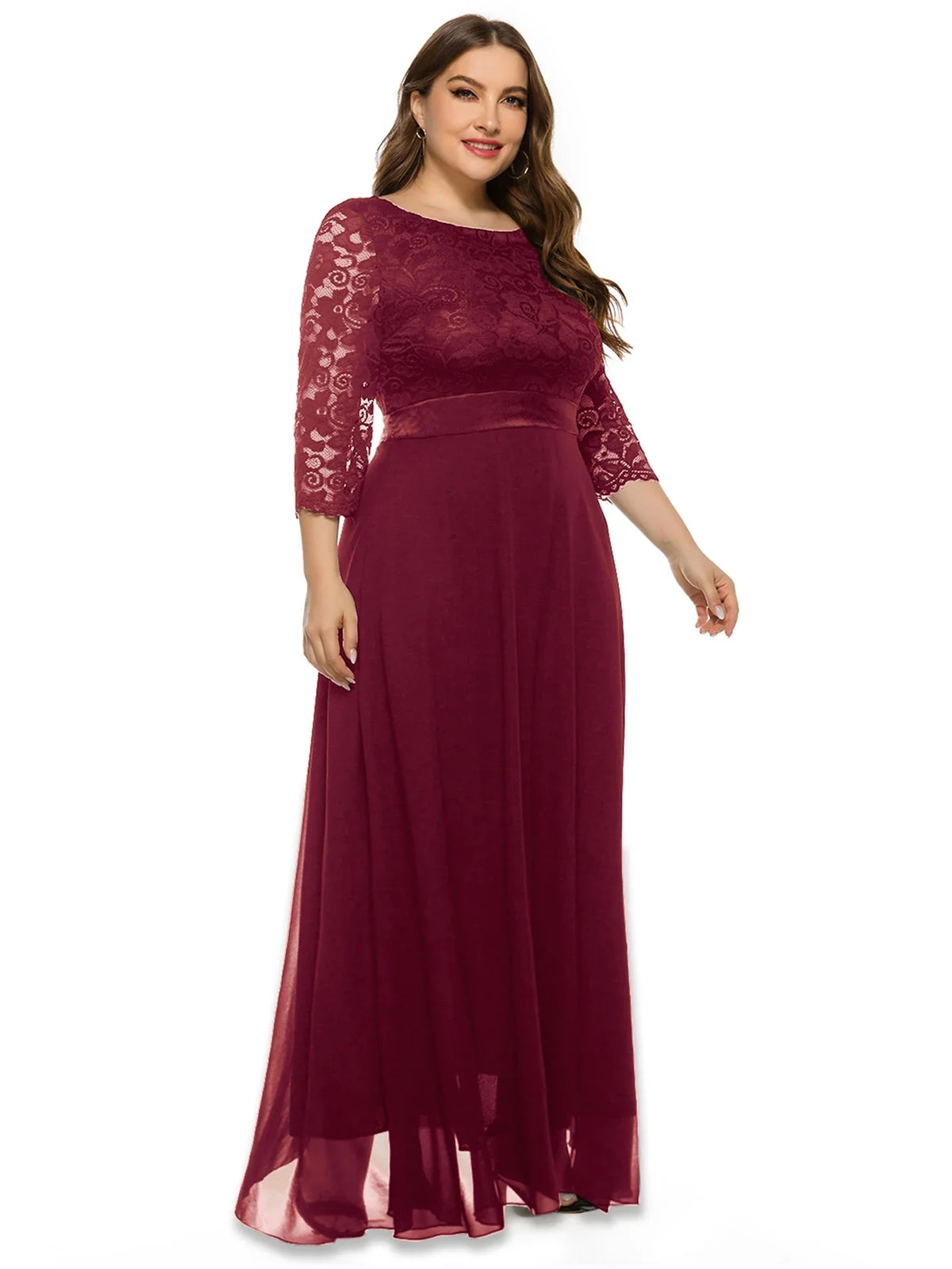 Merlot Romance Lace Sleeve Tulle Maxi Gown