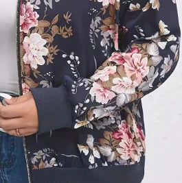 Floral print baseball collar jacket