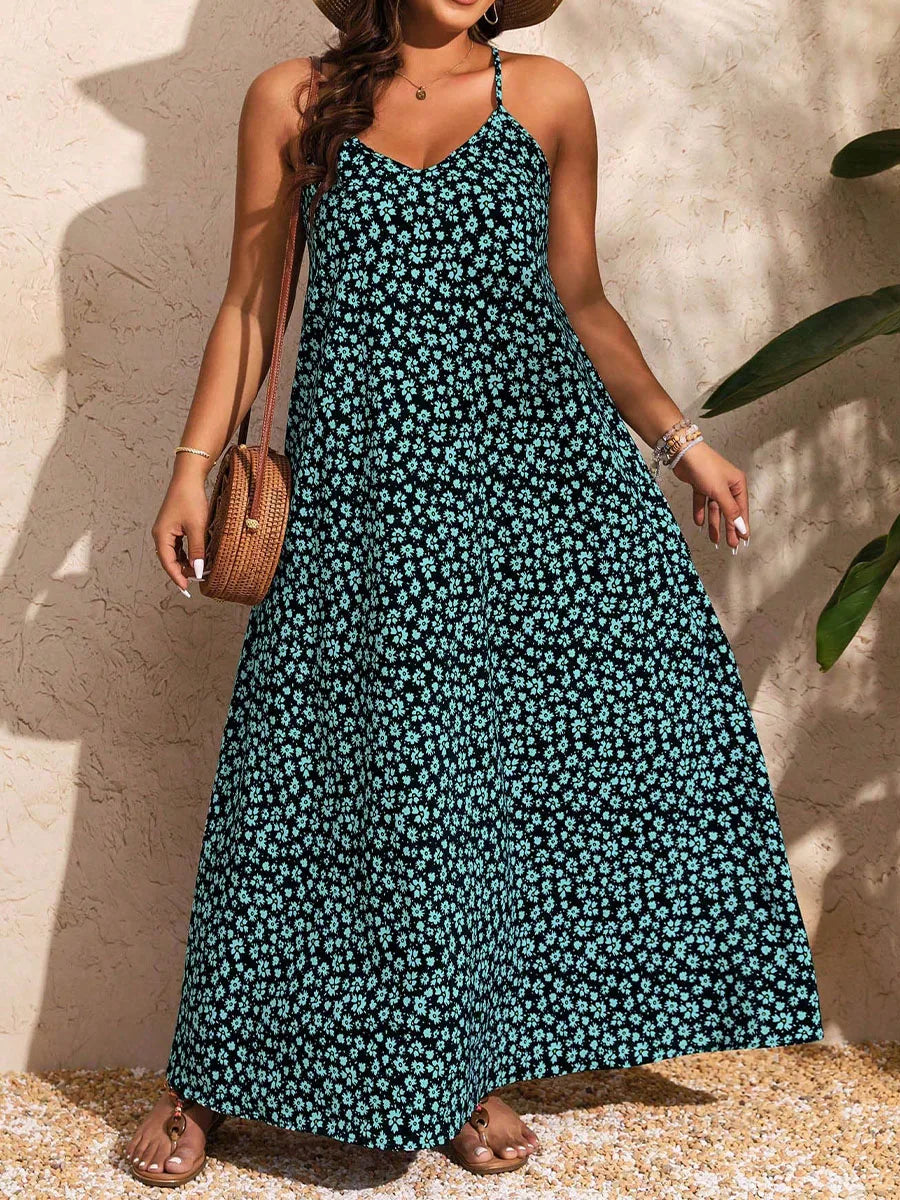 V-neck Flower Print Backless Dress