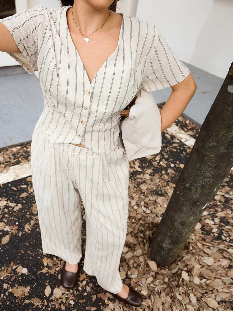 Pinstripe Button-Front Pantsuit