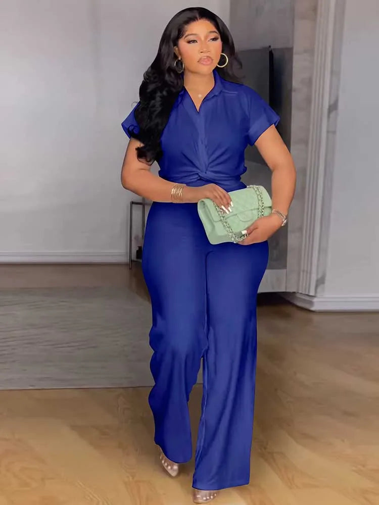 Pearl Twist Collared Top and Wide-Leg Pant Suit