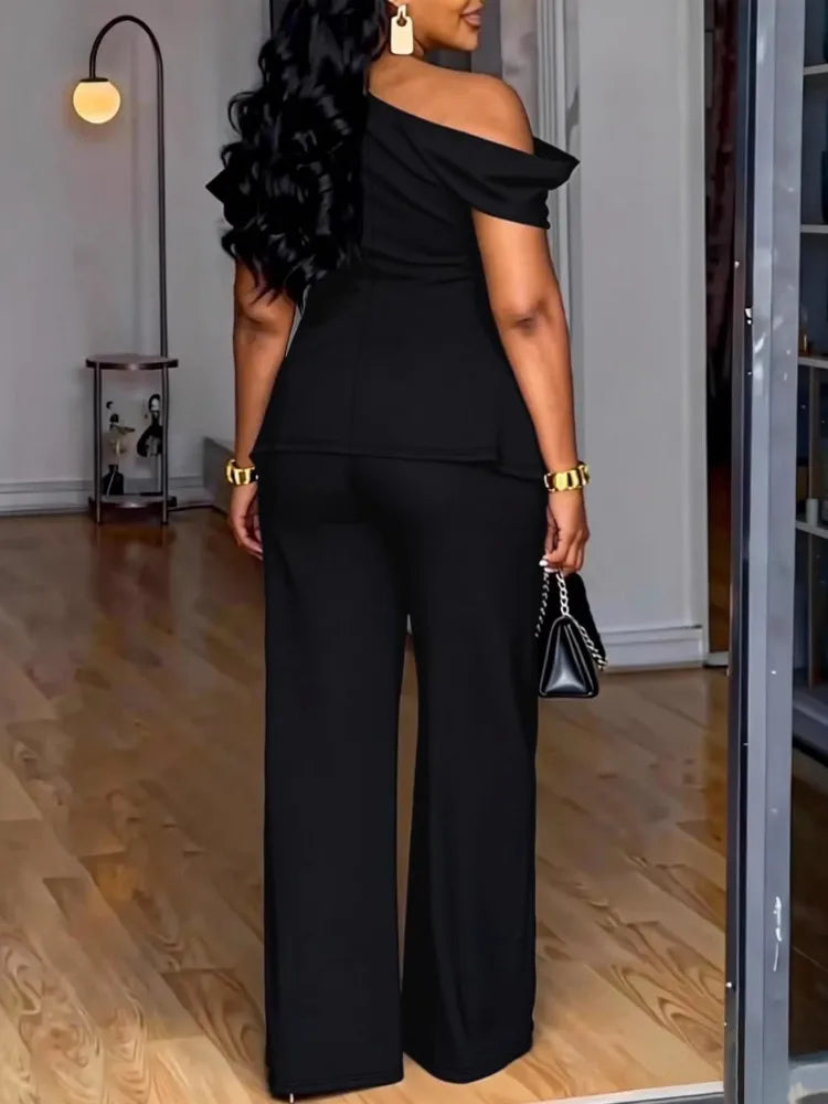 Drape One-Shoulder Pant Suit