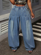 Wide Leg Denim Pleated Denim Jeans Pants