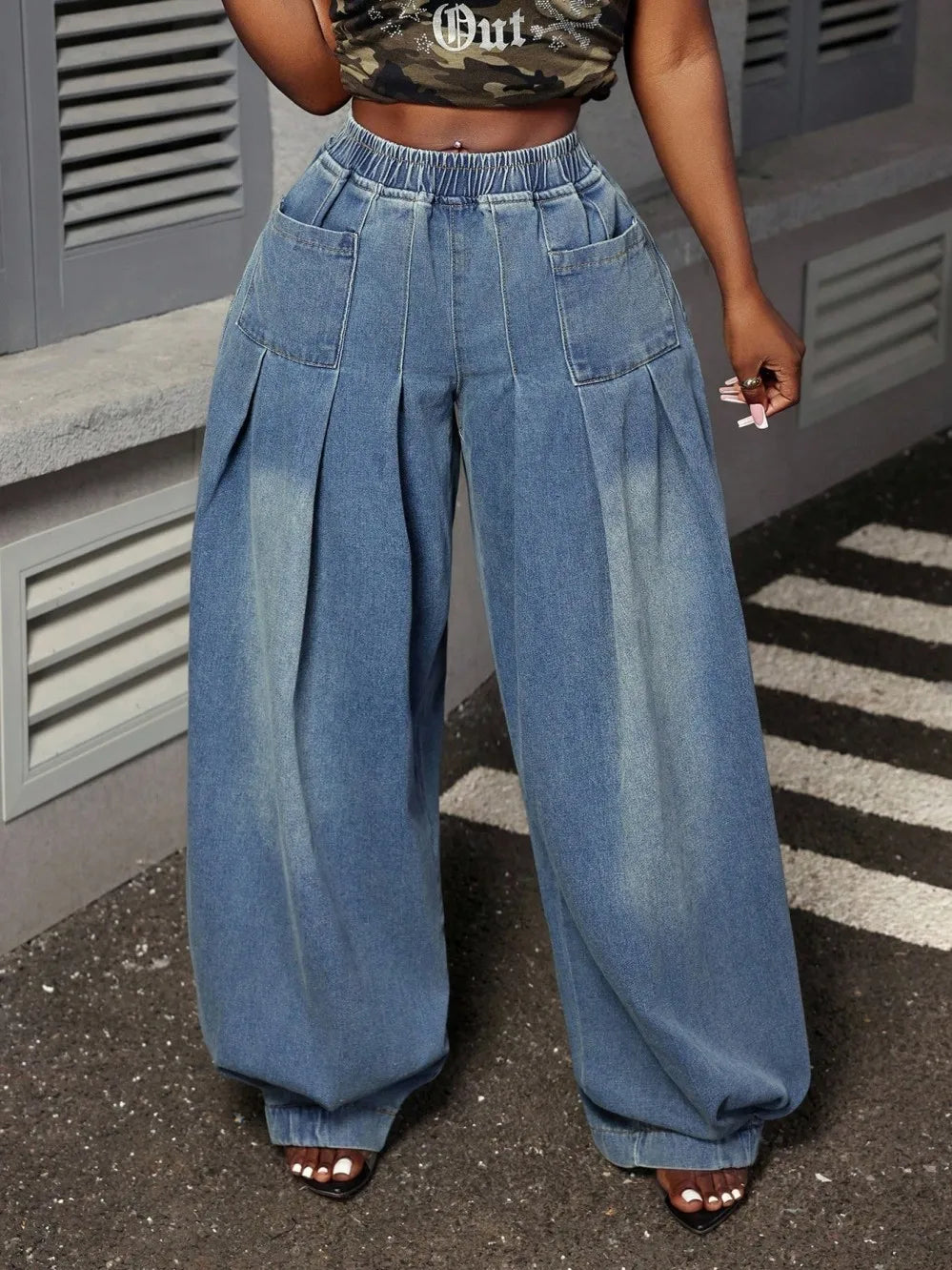 Wide Leg Denim Pleated Denim Jeans Pants