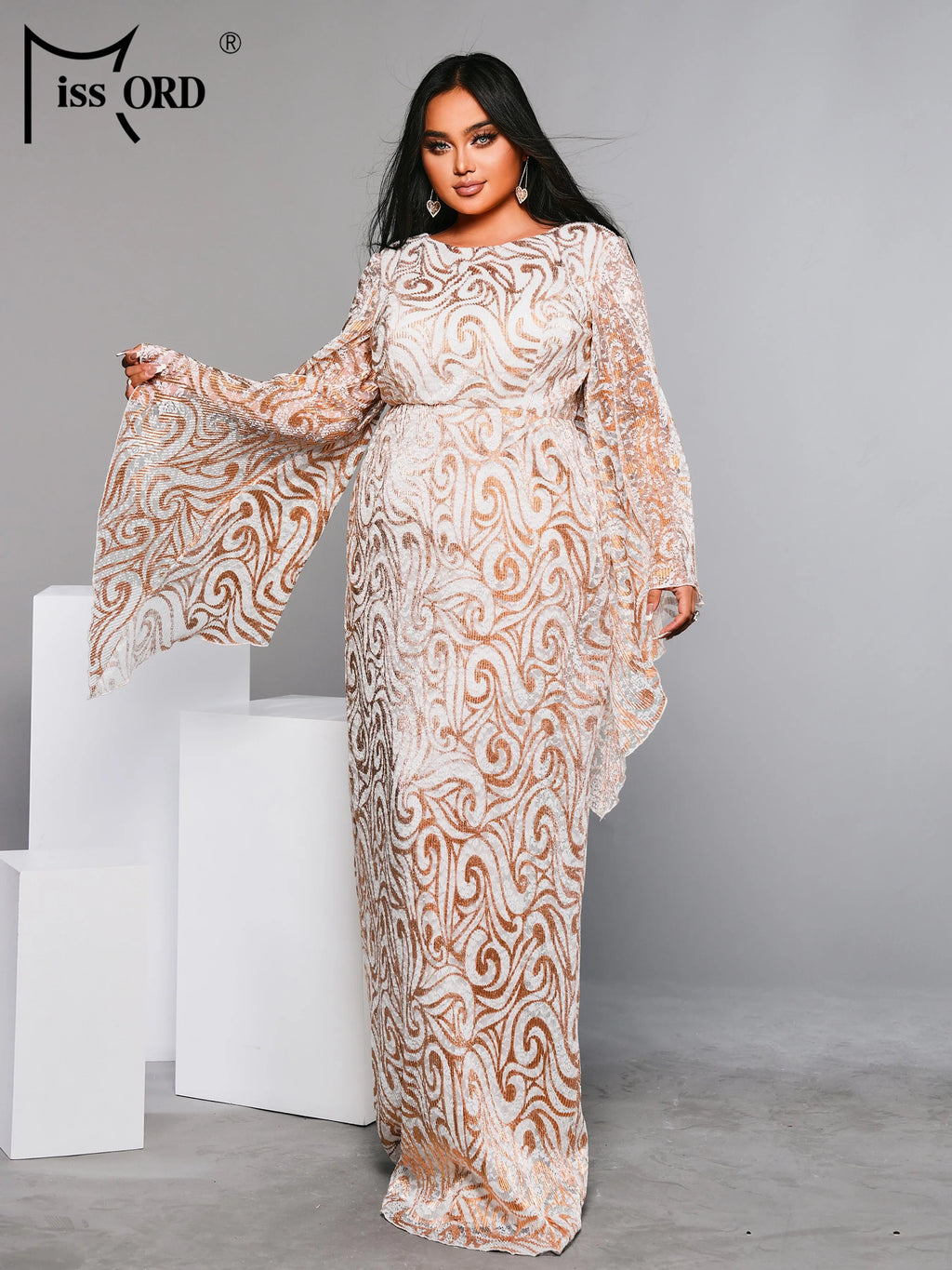 Flare Sleeve Geometric Sequin Formal Dress