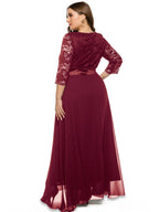 Merlot Romance Lace Sleeve Tulle Maxi Gown