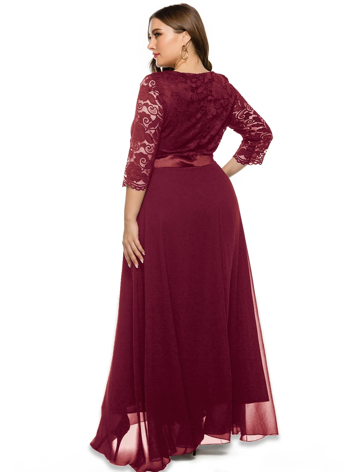 Merlot Romance Lace Sleeve Tulle Maxi Gown
