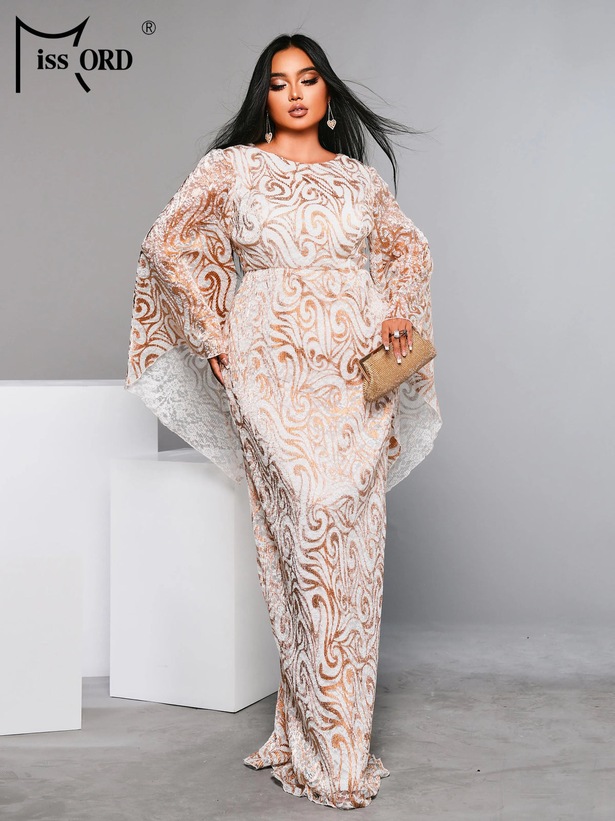 Flare Sleeve Geometric Sequin Formal Dress