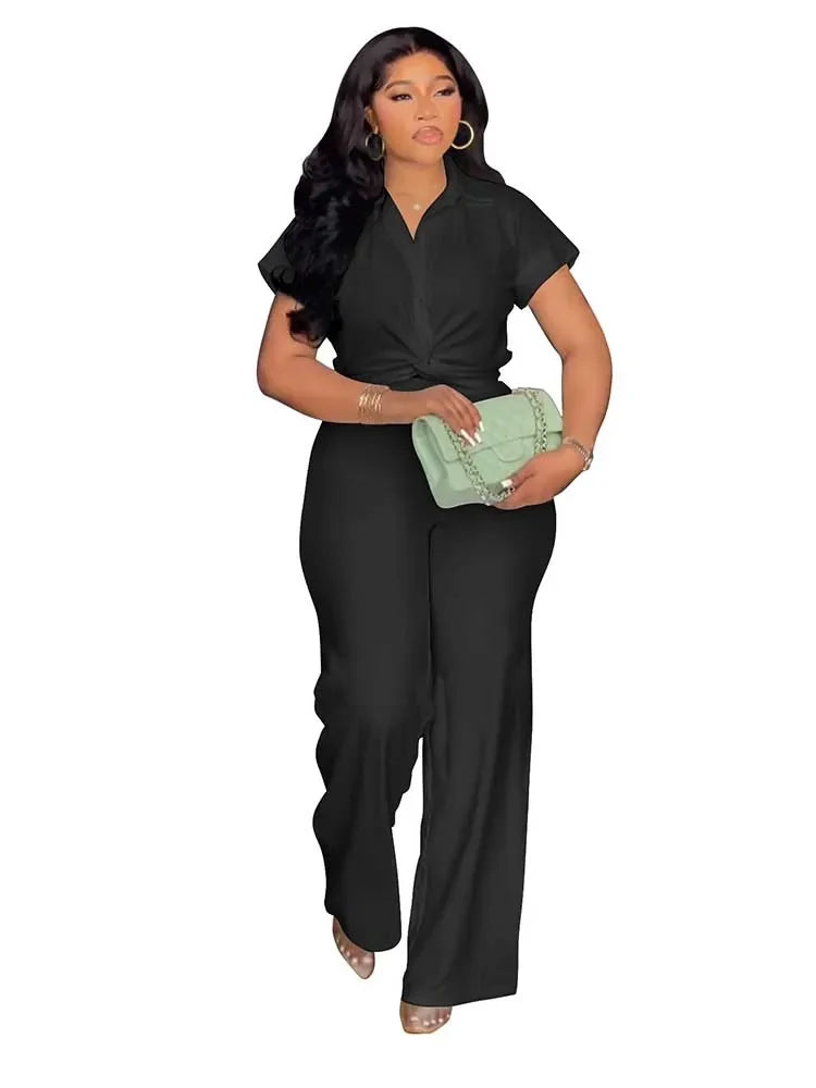 Pearl Twist Collared Top and Wide-Leg Pant Suit