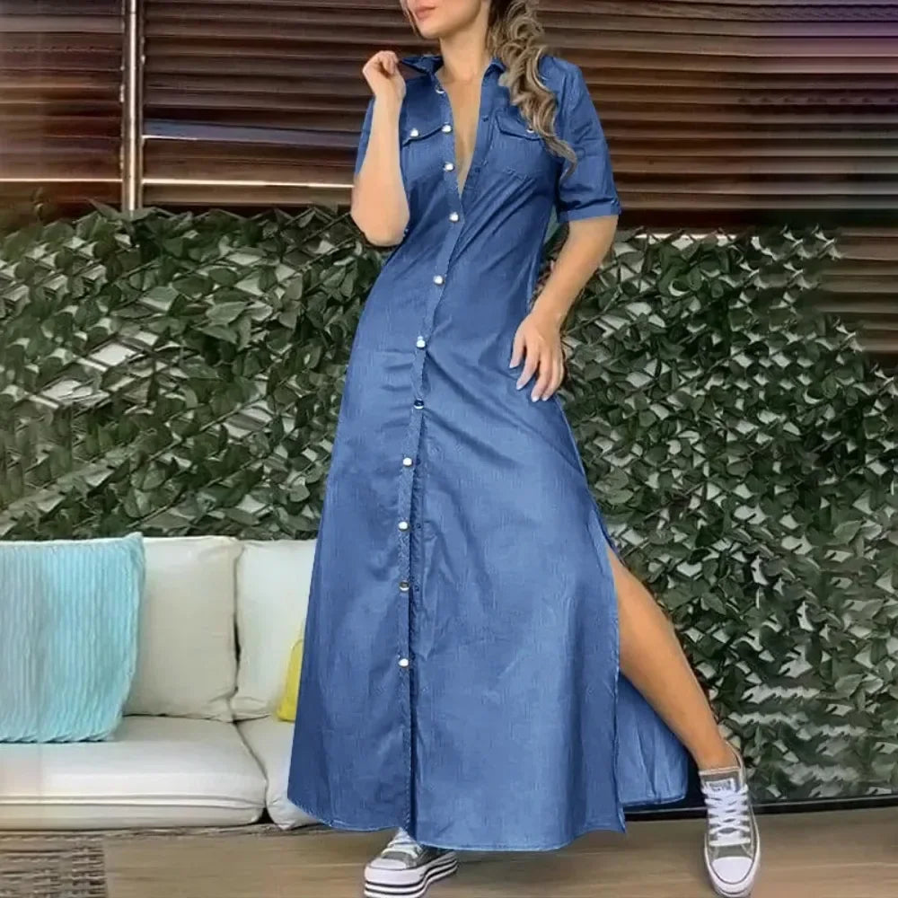 Curve Button-Front Denim Maxi Dress