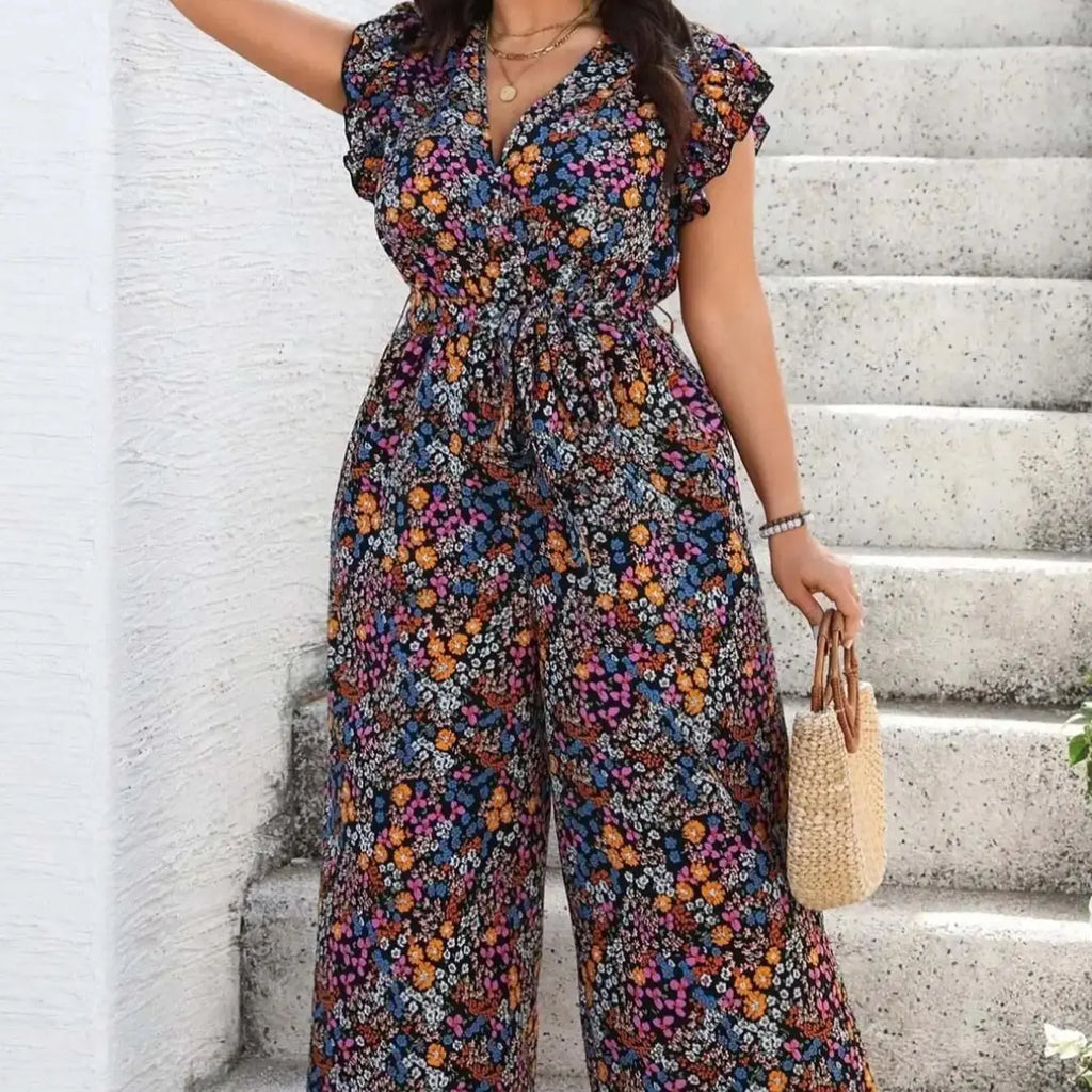 Floral Print Tie Shoulder pant suit
