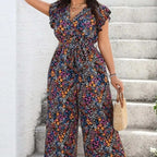 Floral Print Tie Shoulder pant suit