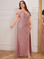 Fluffy Sequins Decor Split Hem Formal Dress