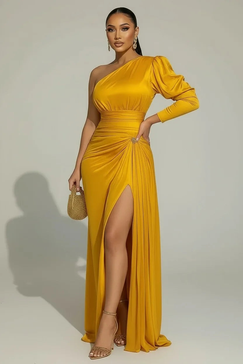 Solid Satin Cocktail one Shoulder maxi Dress