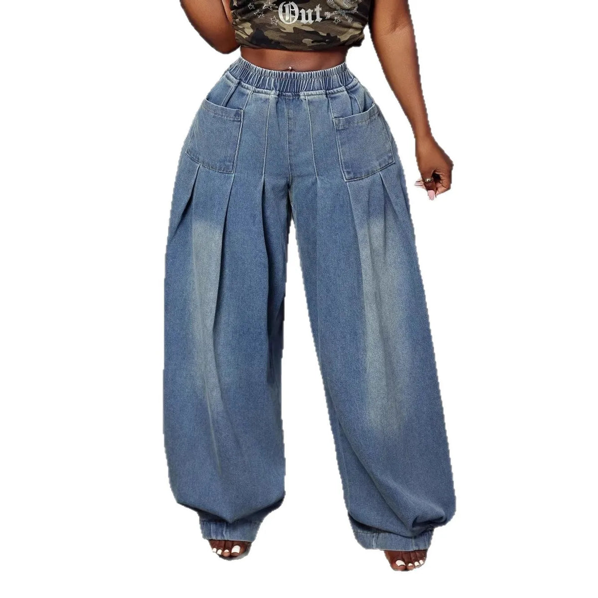 Wide Leg Denim Pleated Denim Jeans Pants