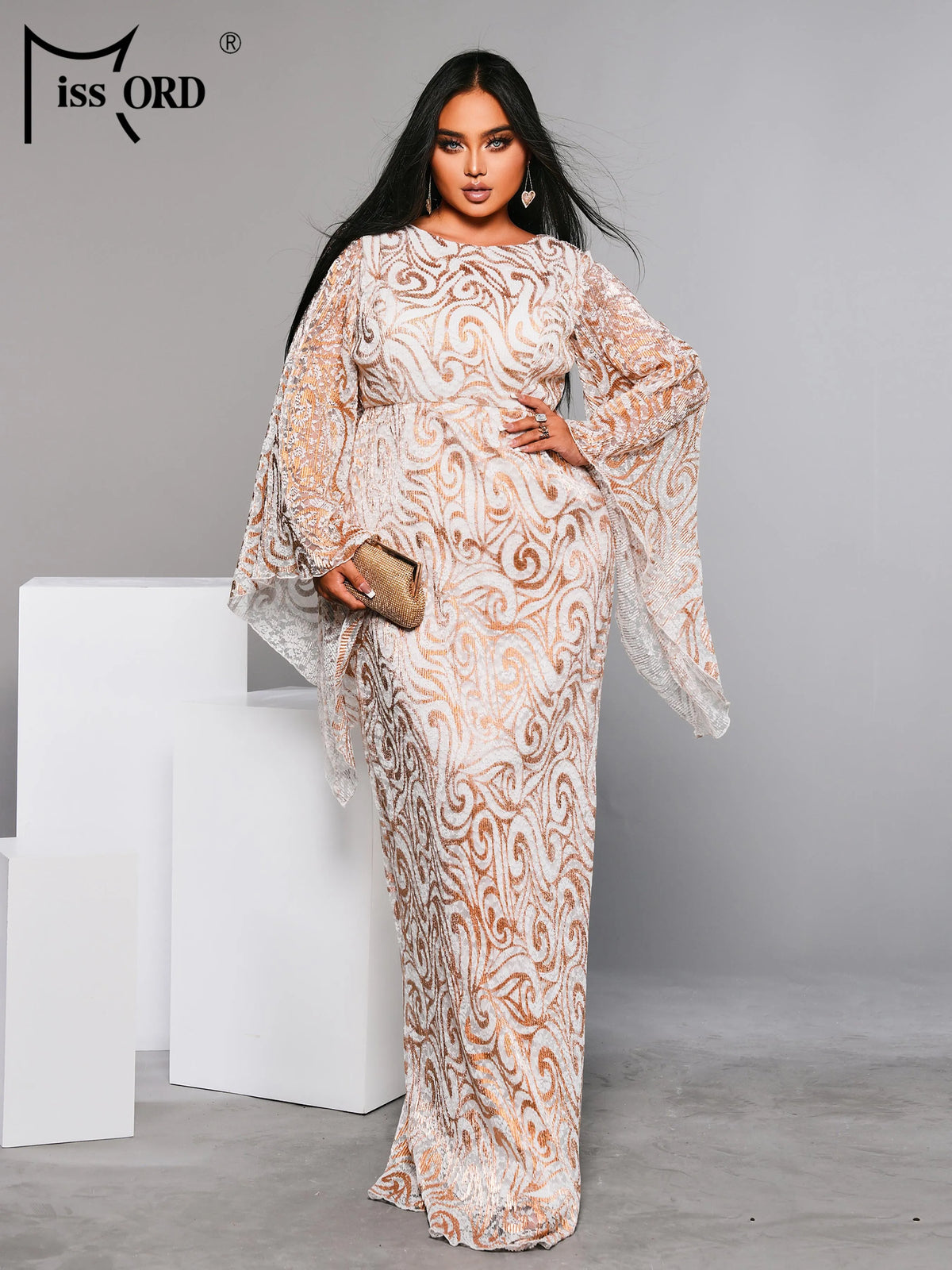 Flare Sleeve Geometric Sequin Formal Dress