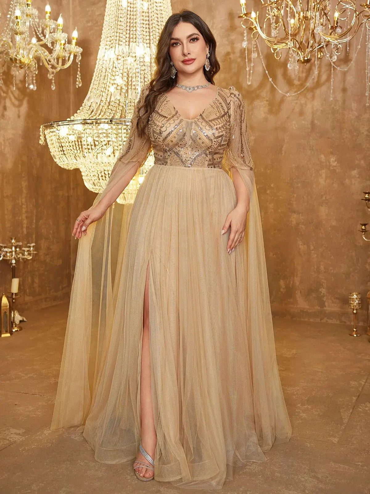 Beaded Tulle Cape-Sleeve Evening Gown