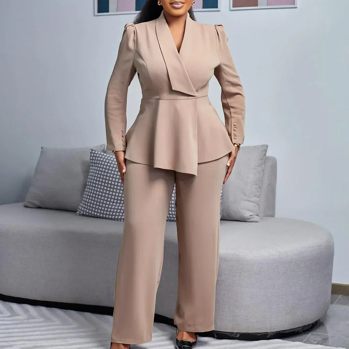 Taupe Authority Peplum Pantsuit Set