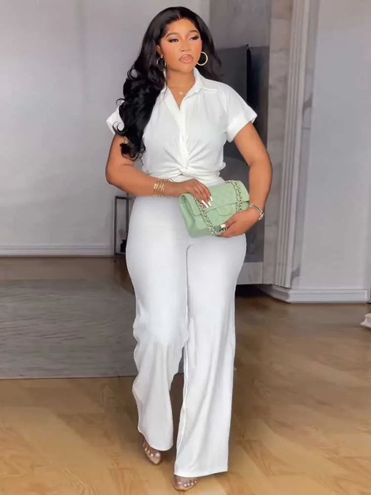 Pearl Twist Collared Top and Wide-Leg Pant Suit