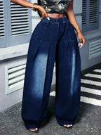 Wide Leg Denim Pleated Denim Jeans Pants