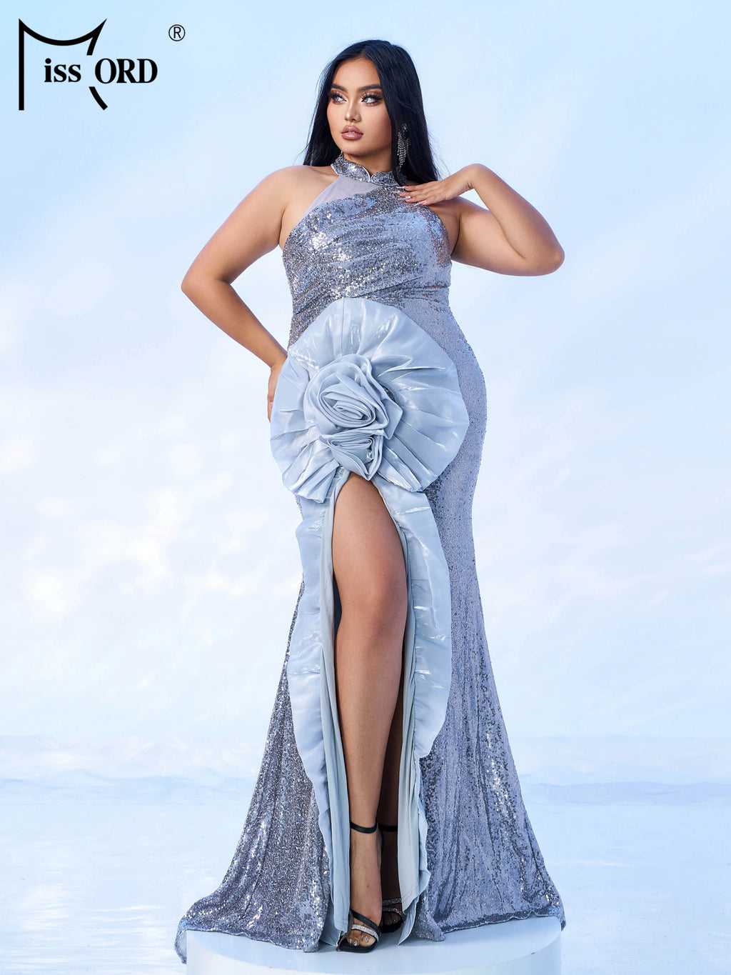 Ice Rose Halter Sequin Party Dress