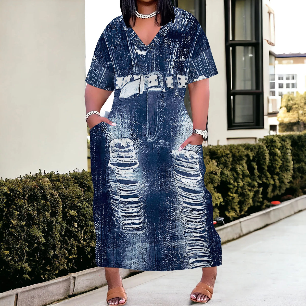 Curve Distressed Denim Maxi Dress
